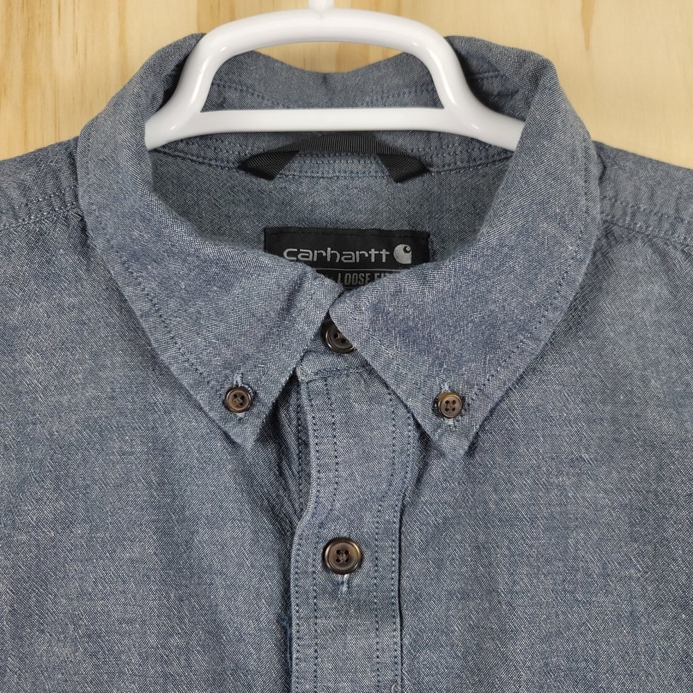 Carhartt Button Down Shirt Mens L Blue Loose Fit Chambray Long Sleeve TW4368-M - Picture 3 of 7